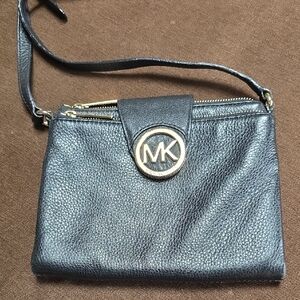 Michael Kors Black Pebbled Leather Crossbody with Gold MK Emblem